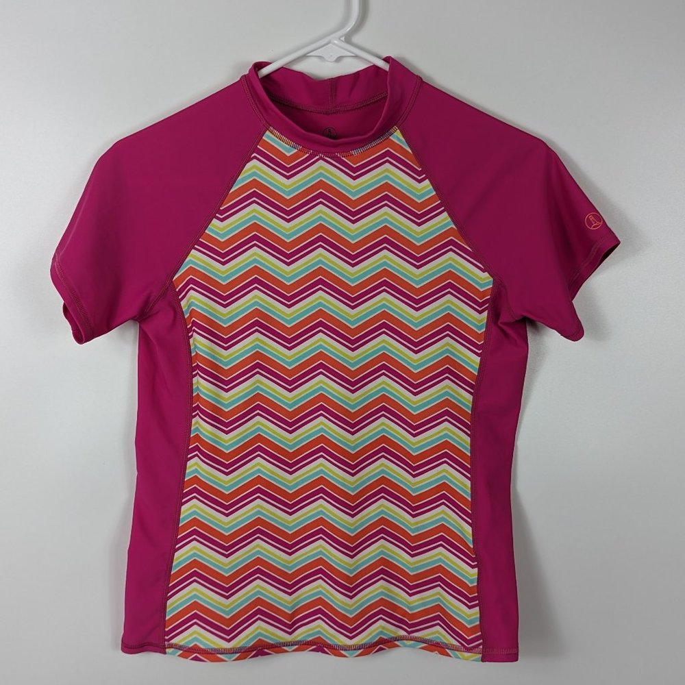 Lands End Kids Short Sleeve Striped Rash Guard Swim Top